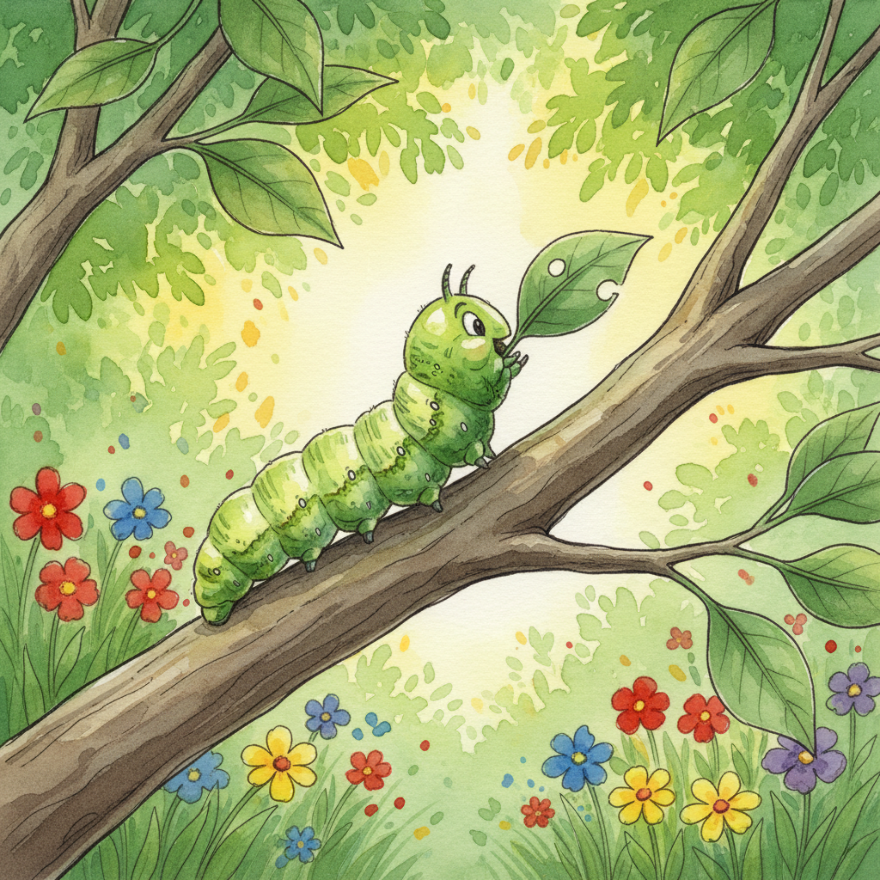 A colorful watercolor illustration of a caterpillar on a branch